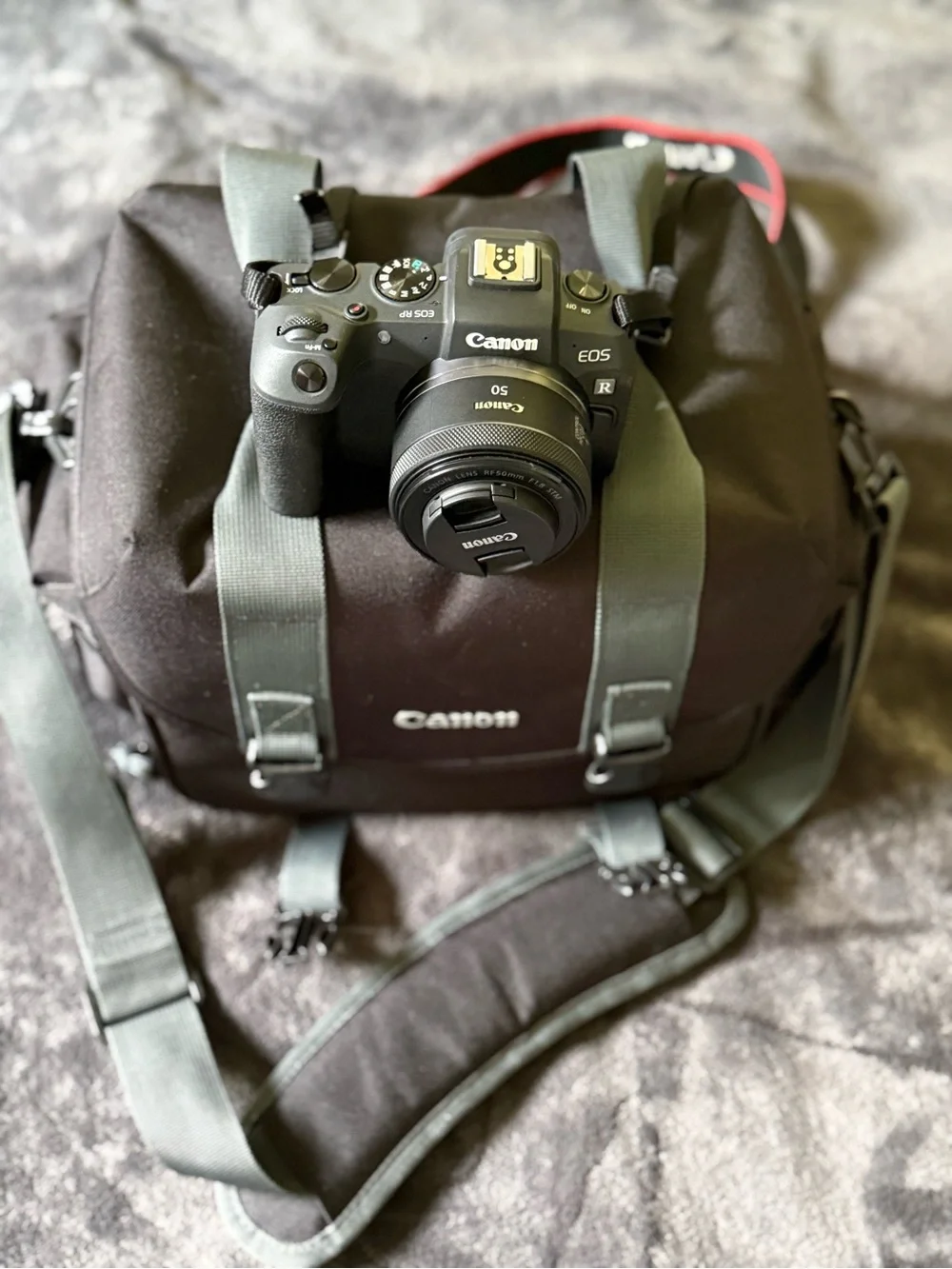 Canon EOS R Mirrorless Camera Body in Black with Red-Trim Strap